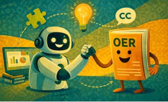 Illustration of a smiling robot and a smiling book labelled “OER” shaking hands, with icons for ideas, Creative Commons licensing, and digital learning in the background.