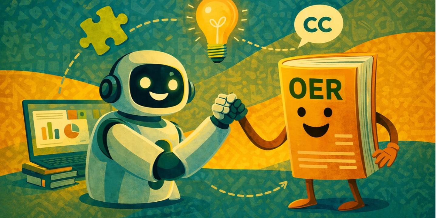 Illustration of a smiling robot and a smiling book labelled “OER” shaking hands, with icons for ideas, Creative Commons licensing, and digital learning in the background.