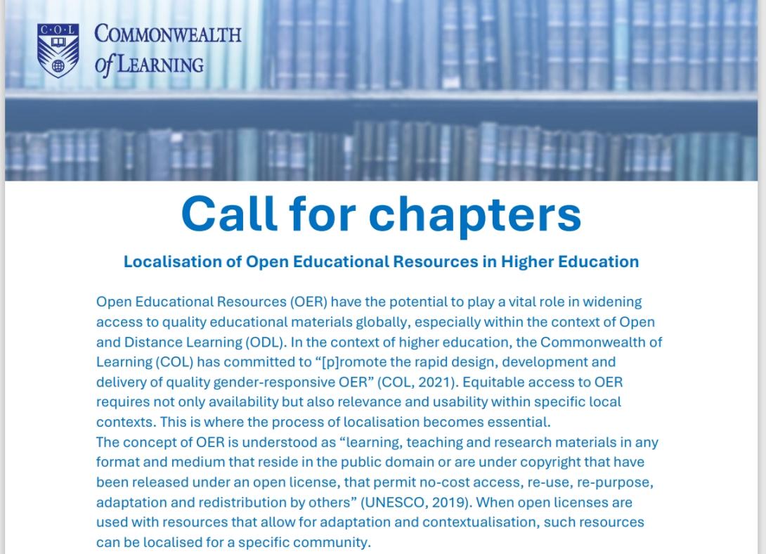 Image showing a Commonwealth of Learning announcement titled “Call for chapters” on localisation of Open Educational Resources in higher education